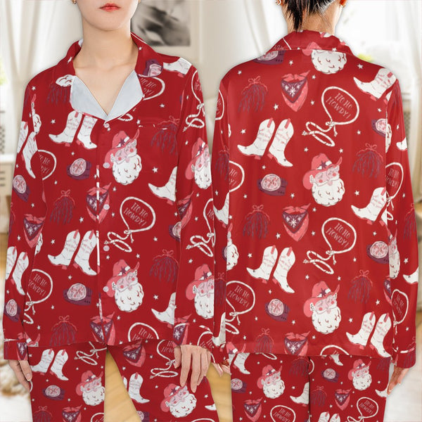 Western Cowboy Santa Pajamas, Ho Ho Howdy Satin Pajama Set, Retro Christmas Sleepwear, Country Holiday Pajama Set, Winter Pre
