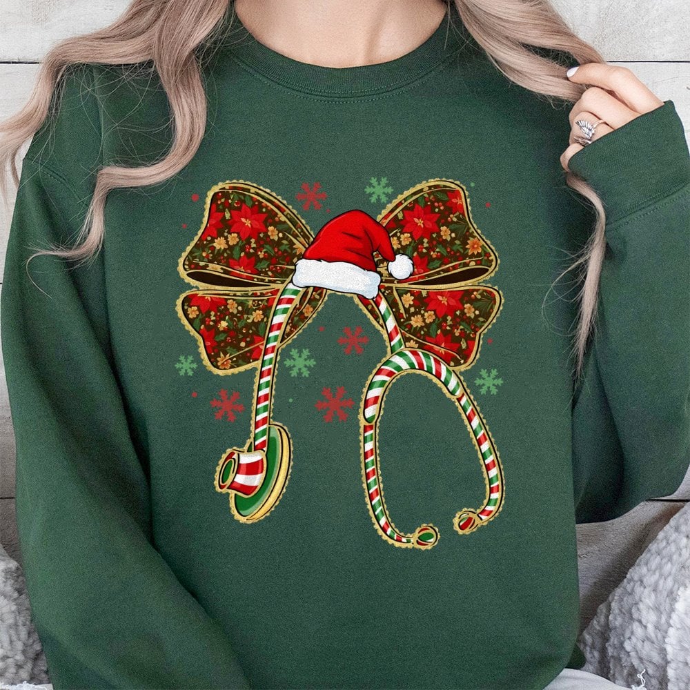 Coquette Bow Stethoscope Crewneck, Christmas Nurse Sweatshirt, Adorable RN Nursing Holiday Sweater, Medical Hospital Staff Xm