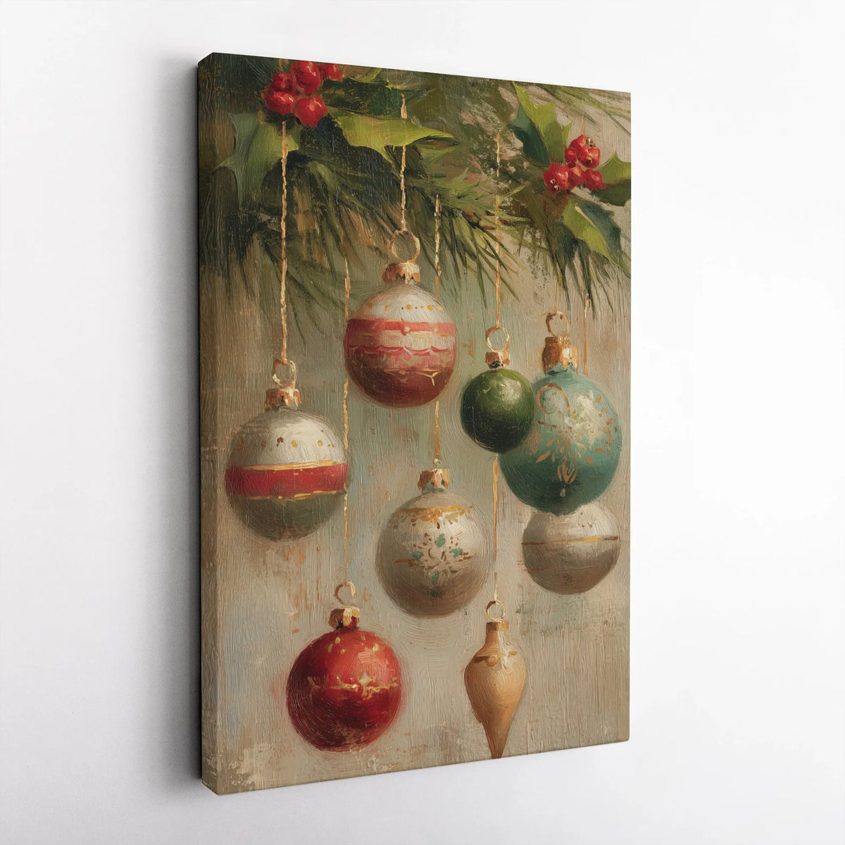 Holly Berries Oil Painting Print, Vintage Christmas Ornaments Canvas Wall Art, Holiday Canvas Poster, Digital Download Decor