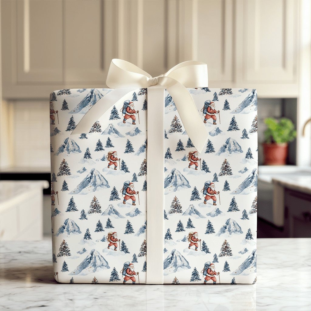 Snowy Mountain Christmas Wrapping Paper, Hiking Santa Wrapping Paper, Outdoors Nature Holiday Gift Wrap