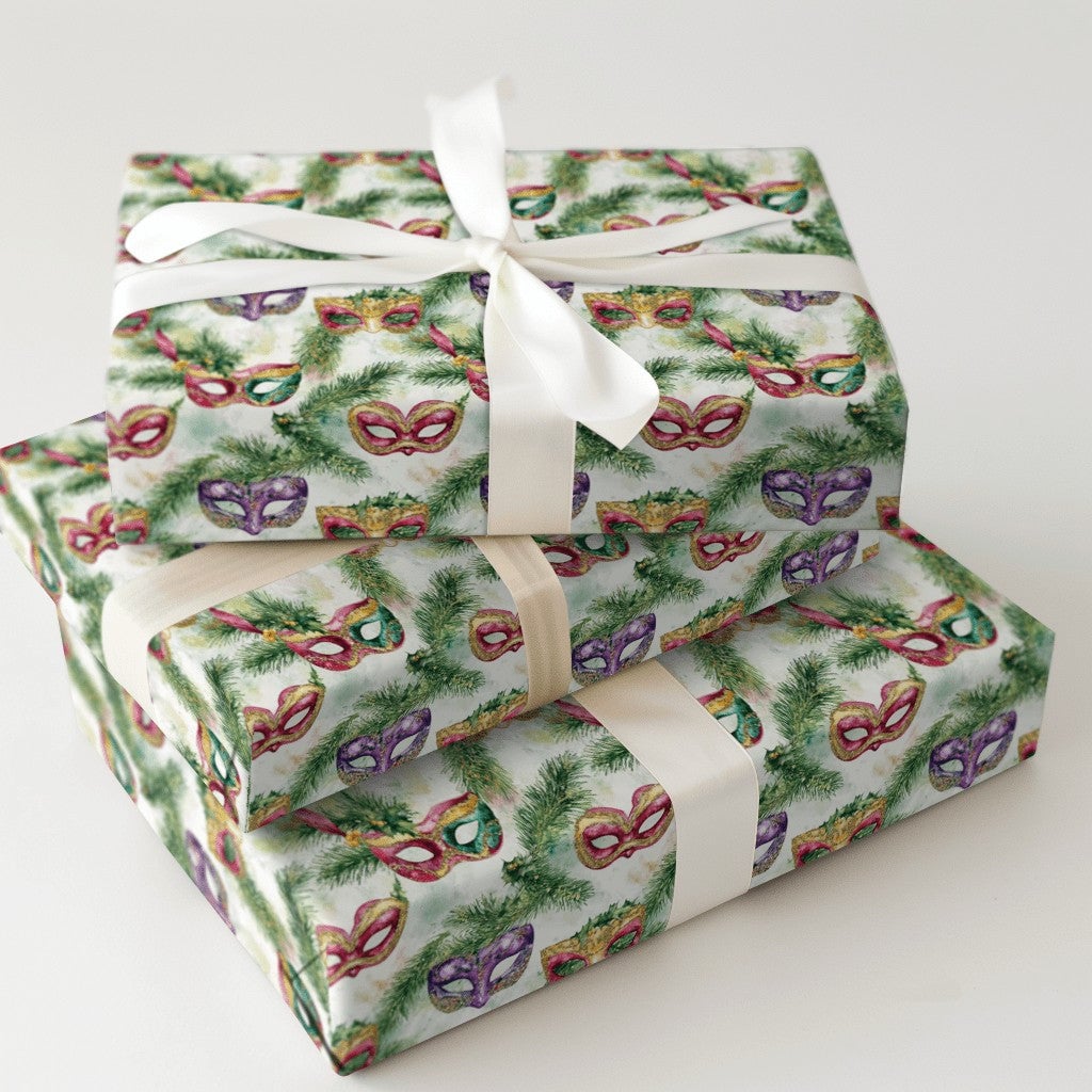 Venetian Mask Holiday Gift Wrap, Christmas Masquerade Wrapping Paper, Watercolor Festive Pine Gift Wrap, Winter Party Gift Wr