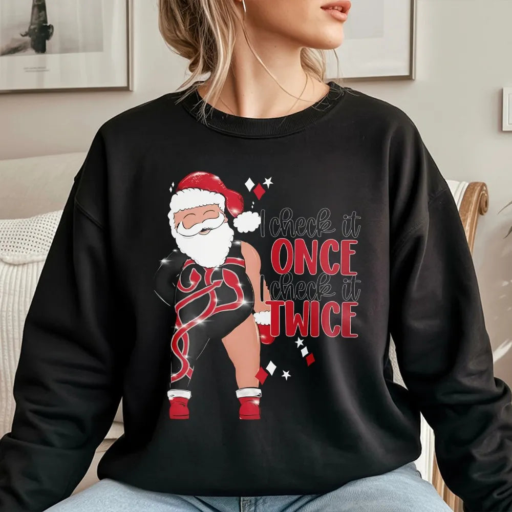 Gymnast Santa Pullover, Humorous Santa Sweatshirt, I Check It Twice Crewneck, Fitness Holiday Sweater, Christmas Gymnast Pres