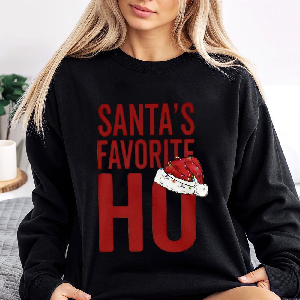 Humorous Naughty Christmas Sweater, Santa's Favorite Ho Sweatshirt, Retro Holiday Quote Crewneck, Humorous Xmas Party Pullove