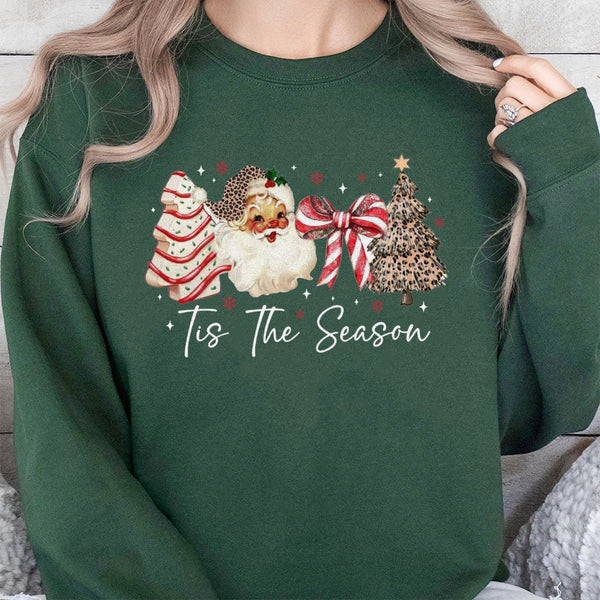 Leopard Print Christmas Tree Crewneck, Tis the Season Retro Santa Sweatshirt, Preppy Western Holiday Sweater, Adorable Xmas P