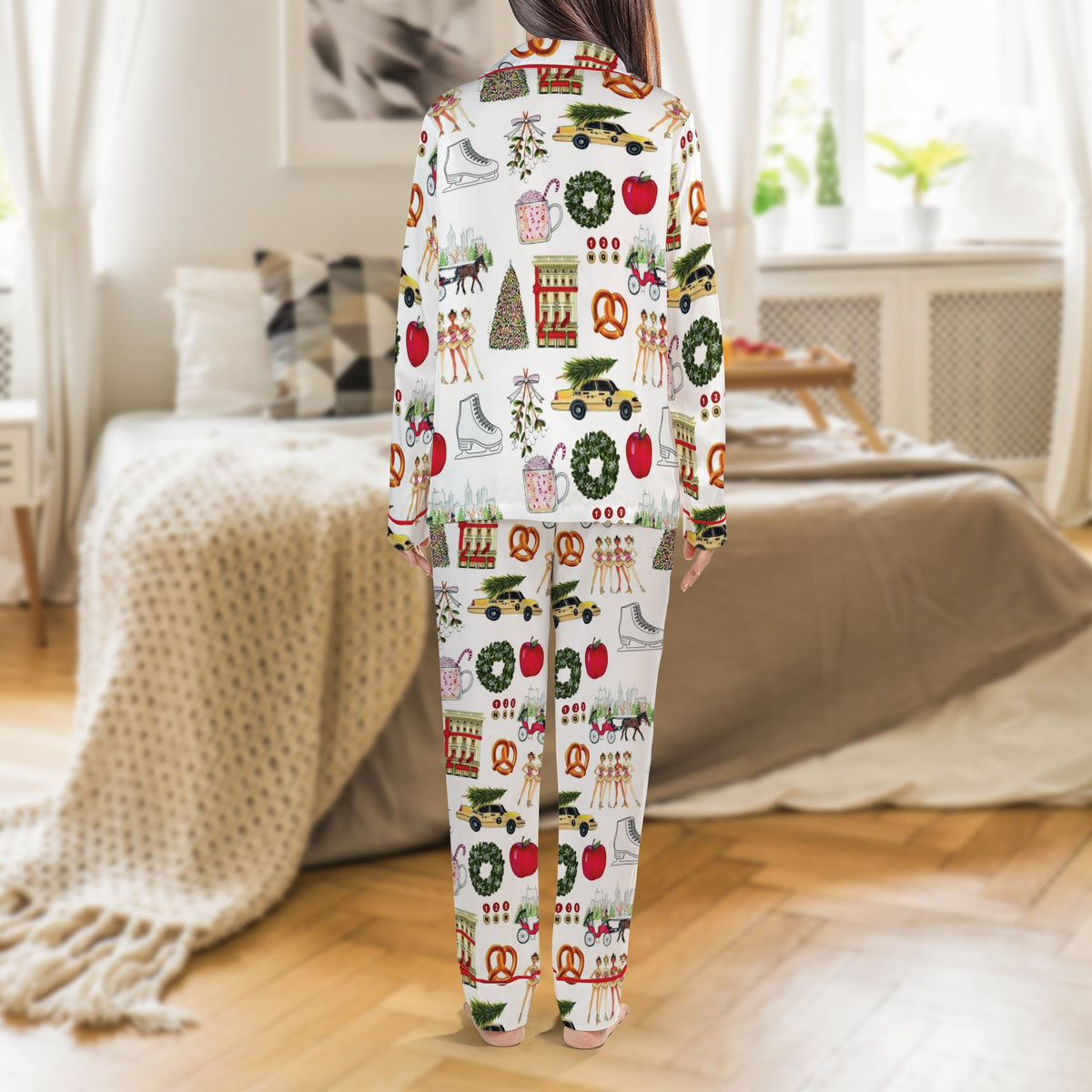 Festive NYC Holiday Pajamas, New York Christmas Satin Pajama Set, Silky Button Up Sleepwear, Winter City Graphic Lounge Set
