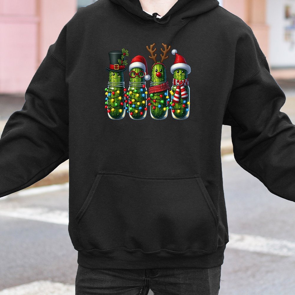 Adorable Dill Pickle Hoodie, Humorous Christmas Pickle Hoodie, Festive Character Xmas Hoodie, Holiday Food Humor Sweatshirt, 