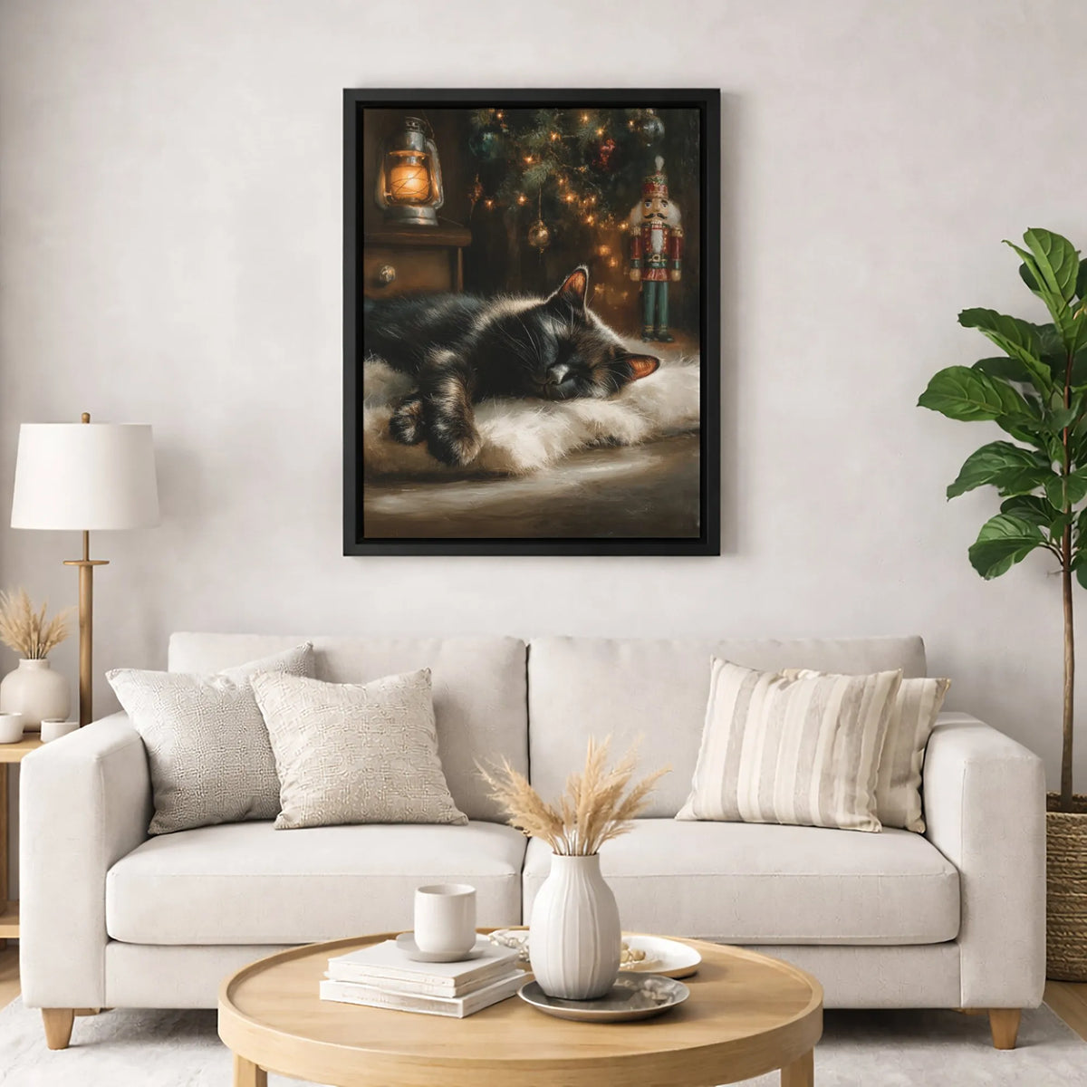 Christmas Tree Nutcracker Canvas Print, Sleeping Black Cat Canvas Wall Art, Holiday Cat Canvas Decor, Comfy Winter Wall Art, 
