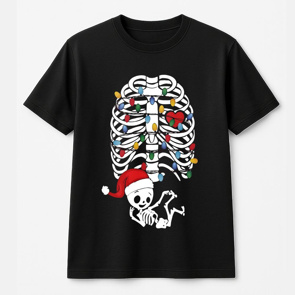 Skeleton Baby Holiday Lights Tee, Christmas Pregnancy T-Shirt, Humorous Maternity Xmas Shirt, Adorable Pregnancy Announcement