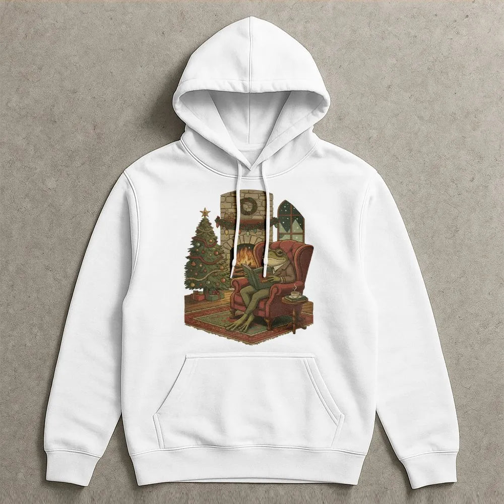 Comfy Christmas Bookish Frog Hoodie, Reading Frog Hoodie, Book Lover Holiday Hoodie, Adorable Cottagecore Reader Pullover Swe