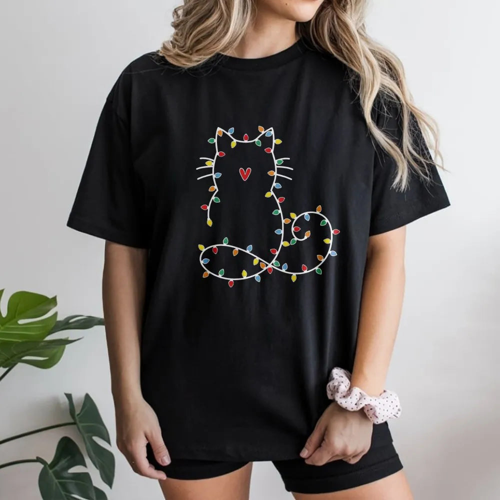 Adorable Kitty Holiday Shirt, Fairy Lights Cat Christmas T-Shirt, Minimalist Cat Graphic Tee, Comfy Xmas Cat Lover Apparel, C