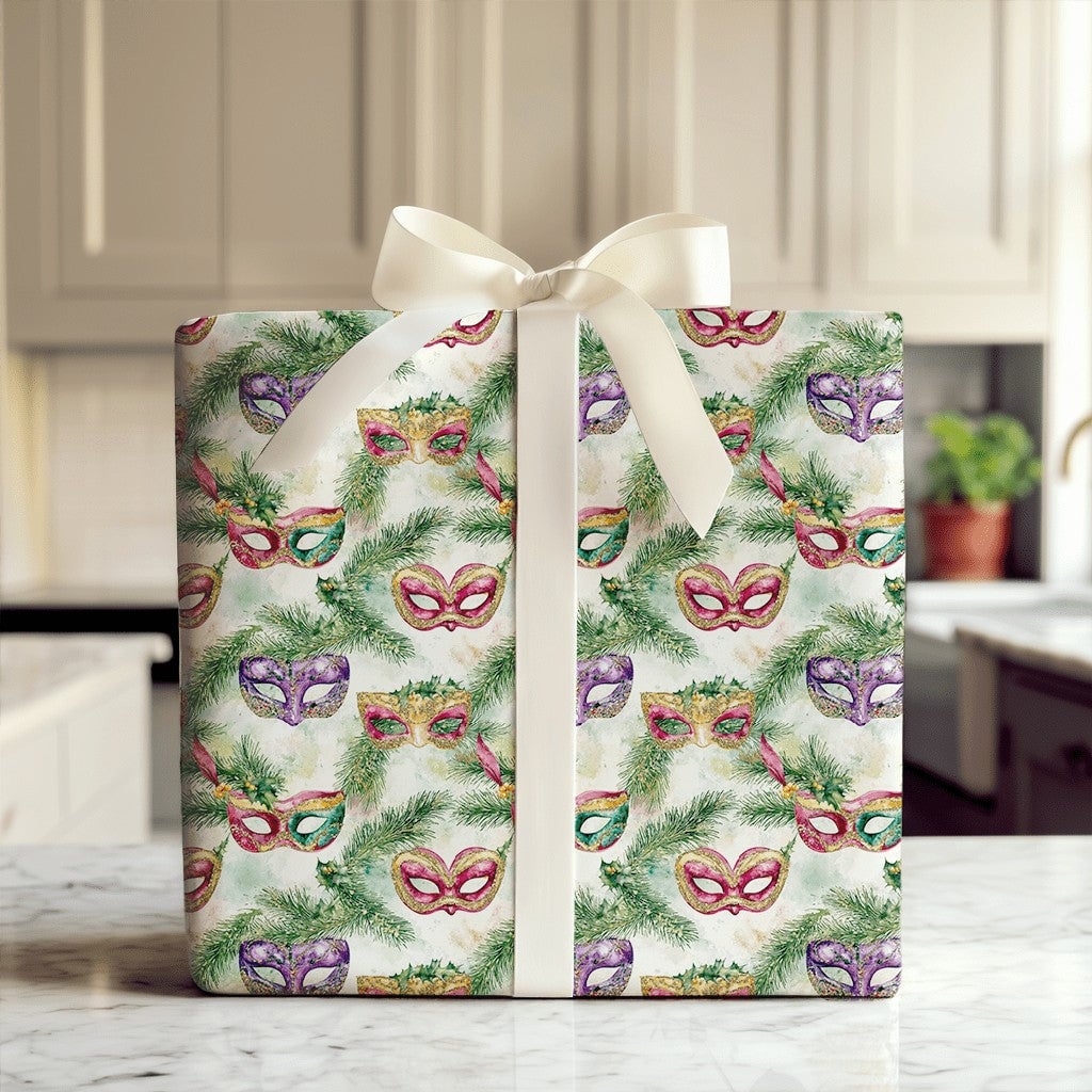 Venetian Mask Holiday Gift Wrap, Christmas Masquerade Wrapping Paper, Watercolor Festive Pine Gift Wrap, Winter Party Gift Wr