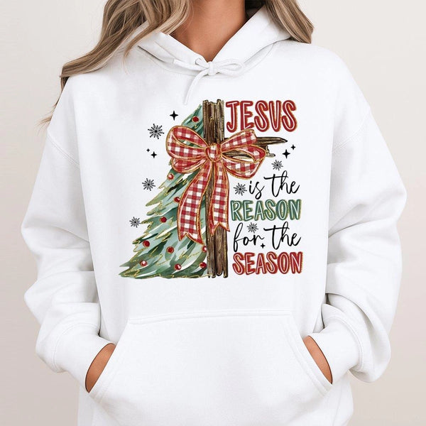 Christian Christmas Hooded Sweatshirt, Jesus Is the Reason for the Season Hoodie, Plaid Bow Cross Pullover Hoodie, Religious 
