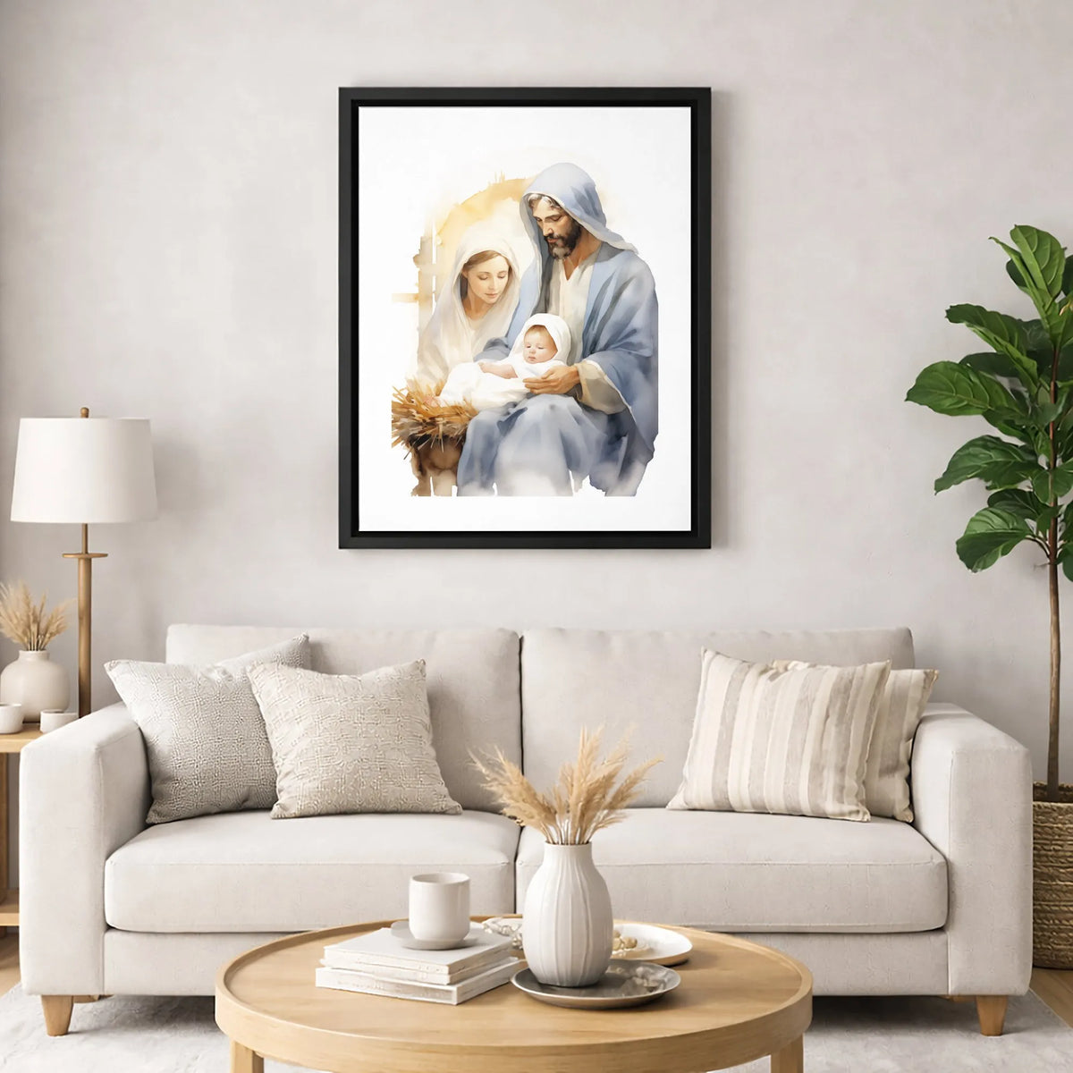 Watercolor Mary Joseph Baby Jesus Canvas Wall Art, Holy Family Nativity Canvas Print, Christian Christmas Wall Decor, Faith H
