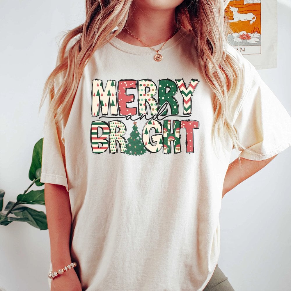 Festive Christmas Tree Typography Tee, Merry and Bright T-Shirt, Holiday Season Graphic Shirt, Xmas Winter Merry Bright T-Shi