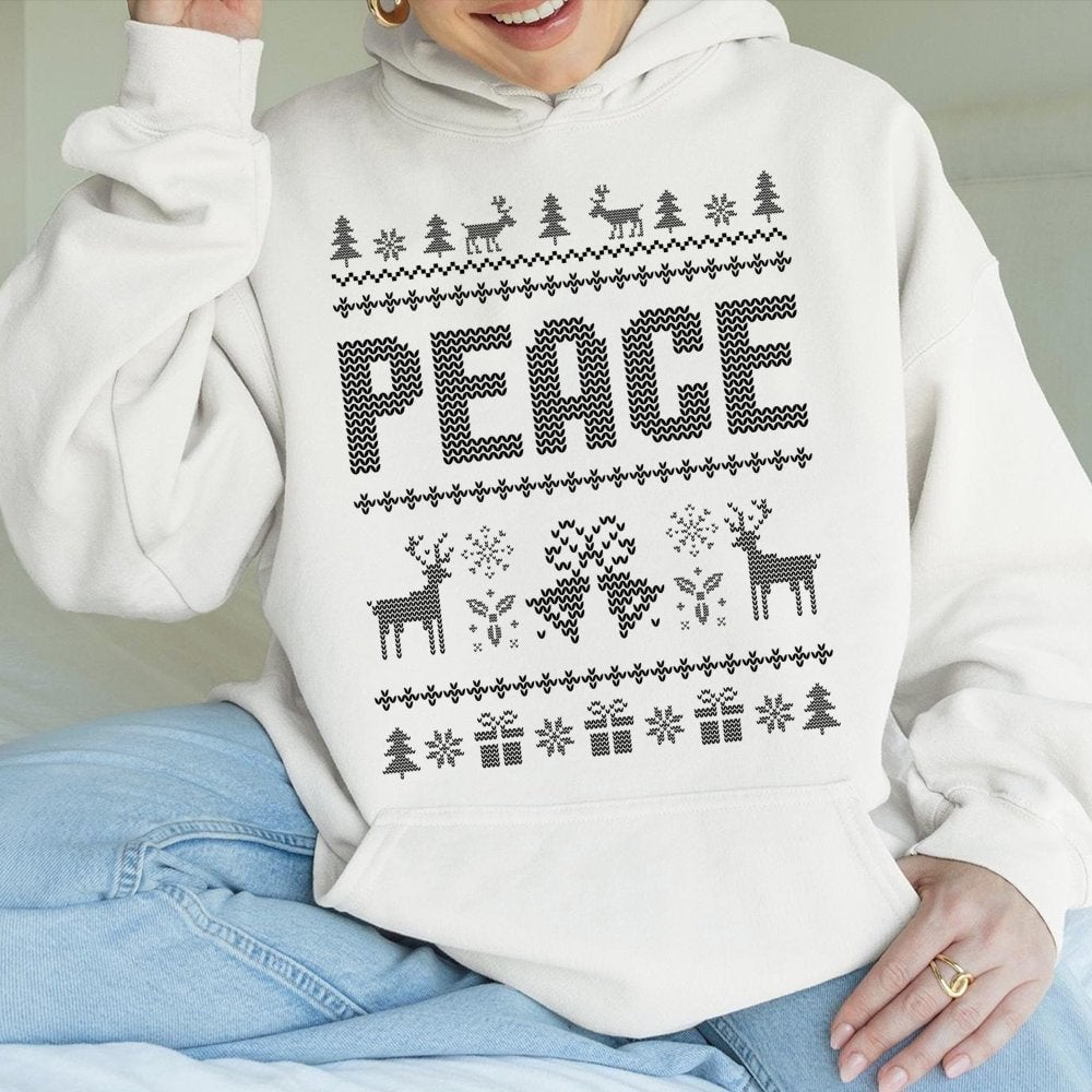 Reindeer Snowflake Pattern Sweatshirt, Peace Ugly Christmas Hoodie, Retro Holiday Fair Isle Pullover, Comfy Xmas Hooded Sweat