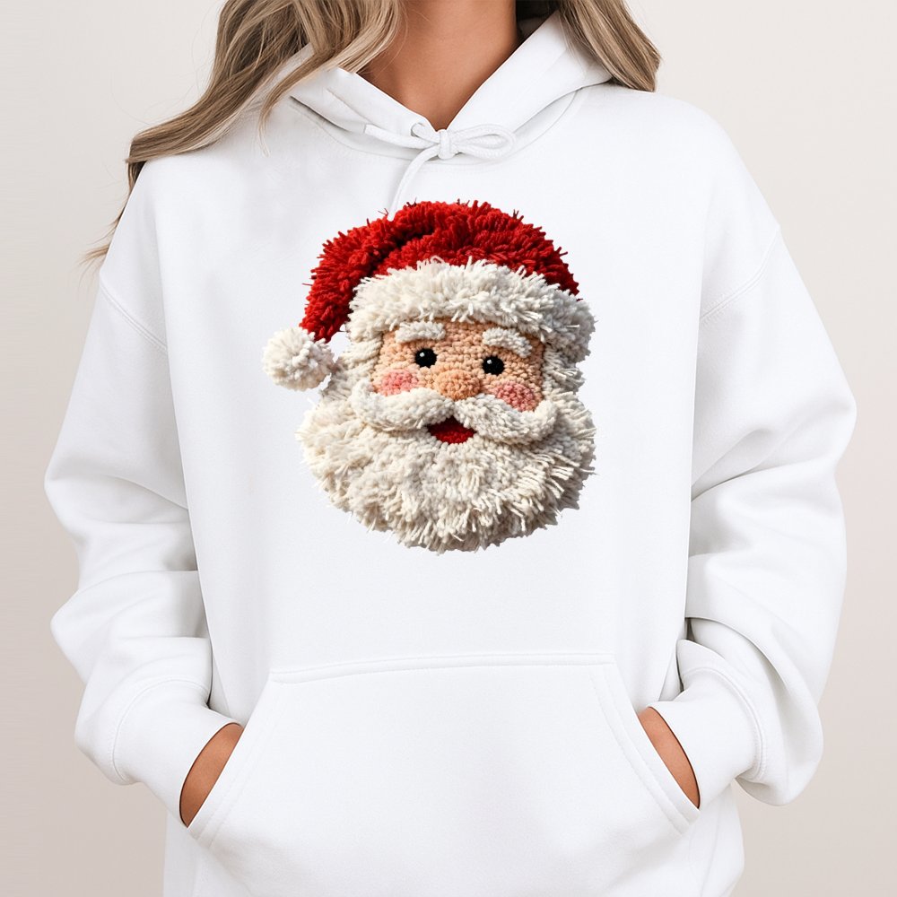 Faux Yarn Crochet Christmas Hoodie, Punch Needle Santa Hoodie, Vintage Santa Claus Hooded Sweatshirt, Comfy Holiday Pullover 