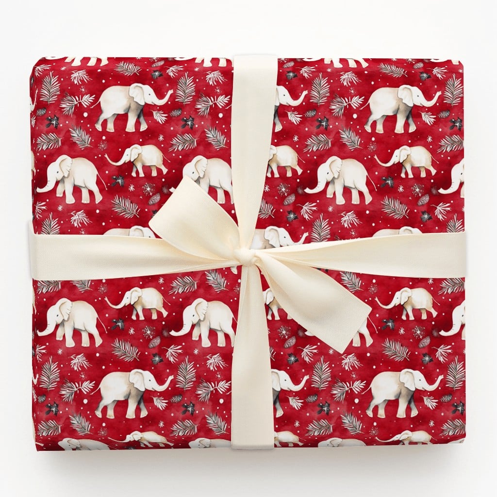 Festive Red Elephant Gift Wrap, Watercolor White Elephant Wrapping Paper, Christmas Elephant Wrapping Paper, Winter Botanical