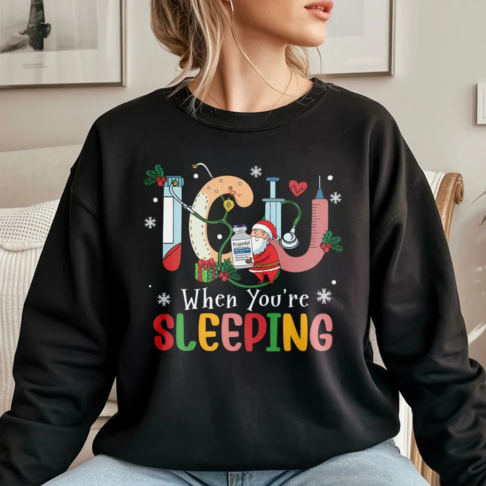 Humorous Santa Medical Holiday Sweater, ICU Nurse Christmas Sweatshirt, Intensive Care RN Crewneck, Healthcare Worker Xmas Pu