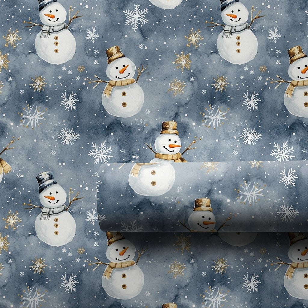 Gold Snowflake Gift Wrap, Watercolor Snowman Wrapping Paper, Dusky Blue Christmas Wrapping Paper, Winter Holiday Gift Wrap, X
