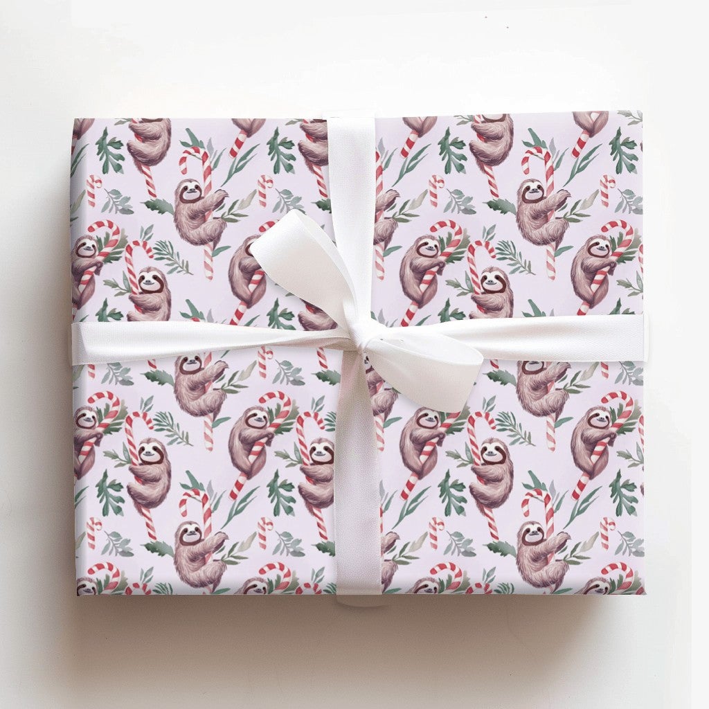 Candy Cane Sloth Gift Wrap, Christmas Sloth Wrapping Paper, Whimsical Holiday Wrapping Paper, Adorable Animal Christmas Gift 