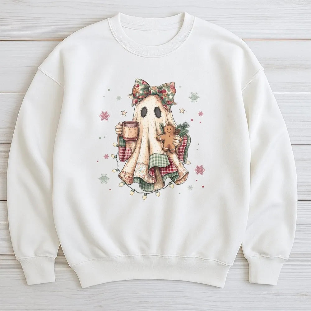 Comfy Ghost Drinking Coffee Crewneck, Christmas Ghost Sweatshirt, Gingerbread Plaid Ghost Pullover, Spooky Holiday Sweater, X