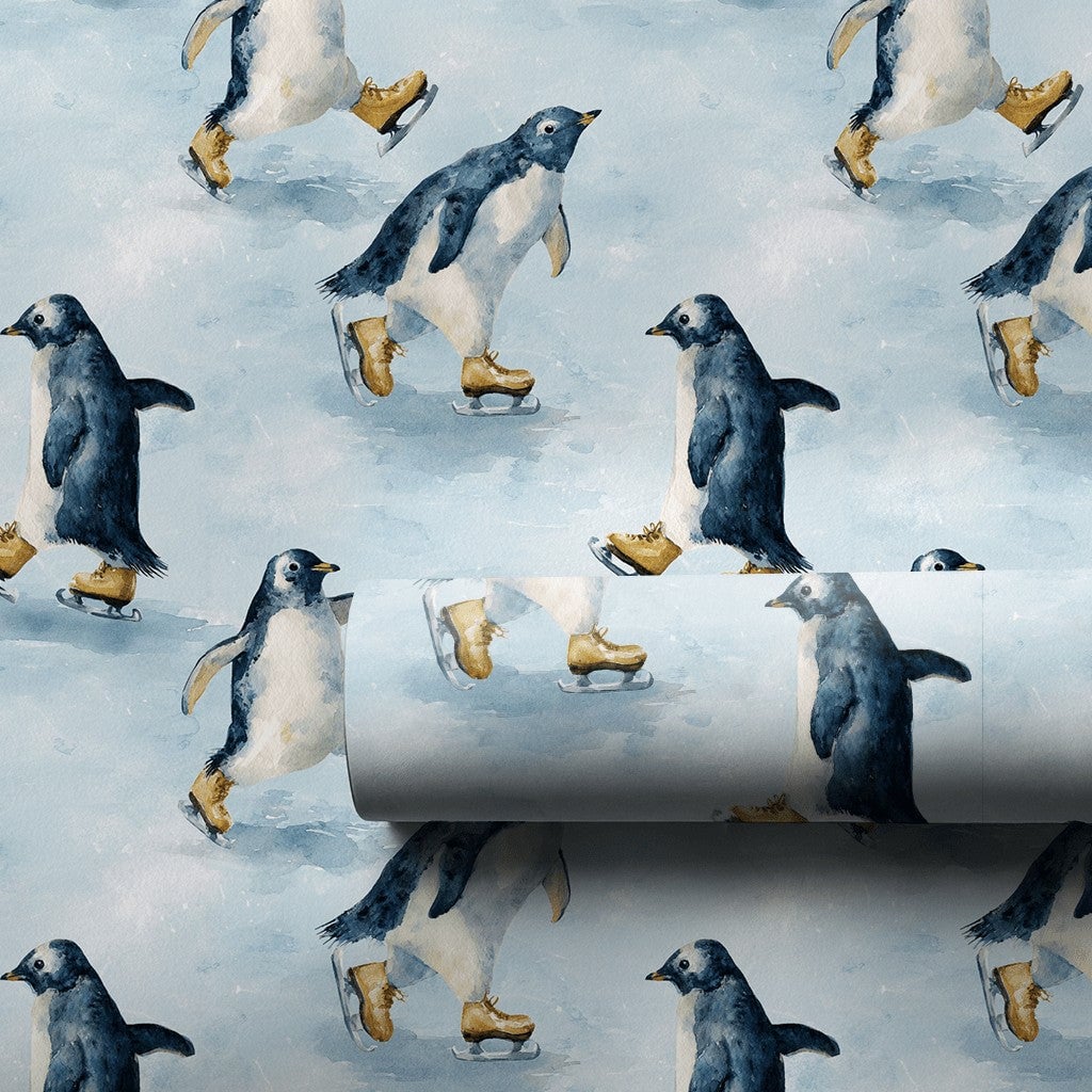 Adorable Winter Animal Gift Wrap, Ice Skating Penguin Christmas Wrapping Paper, Watercolor Holiday Wrapping Paper, Festive Ki