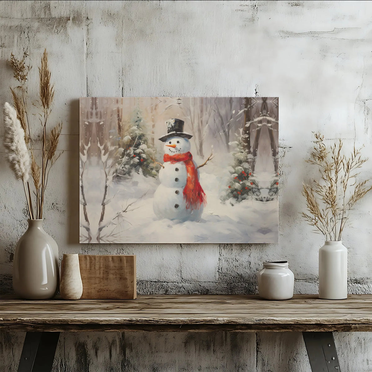 Red Scarf Forest Scene Print, Winter Snowman Canvas Wall Art, Christmas Holiday Canvas Wall Decor, Printable Digital Download