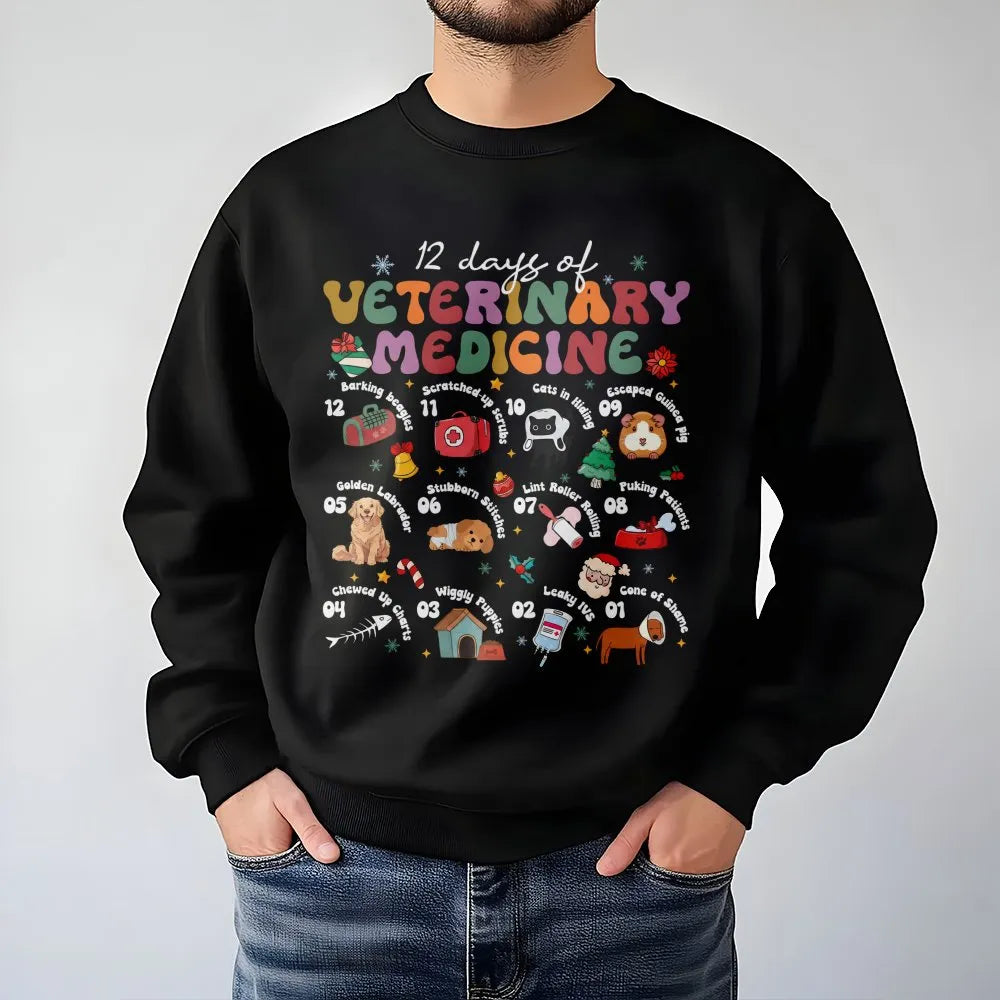 Retro Vet Tech Christmas Crewneck, 12 Days of Veterinary Medicine Sweatshirt, Humorous Animal Doctor Sweater, Holiday Vet Cli