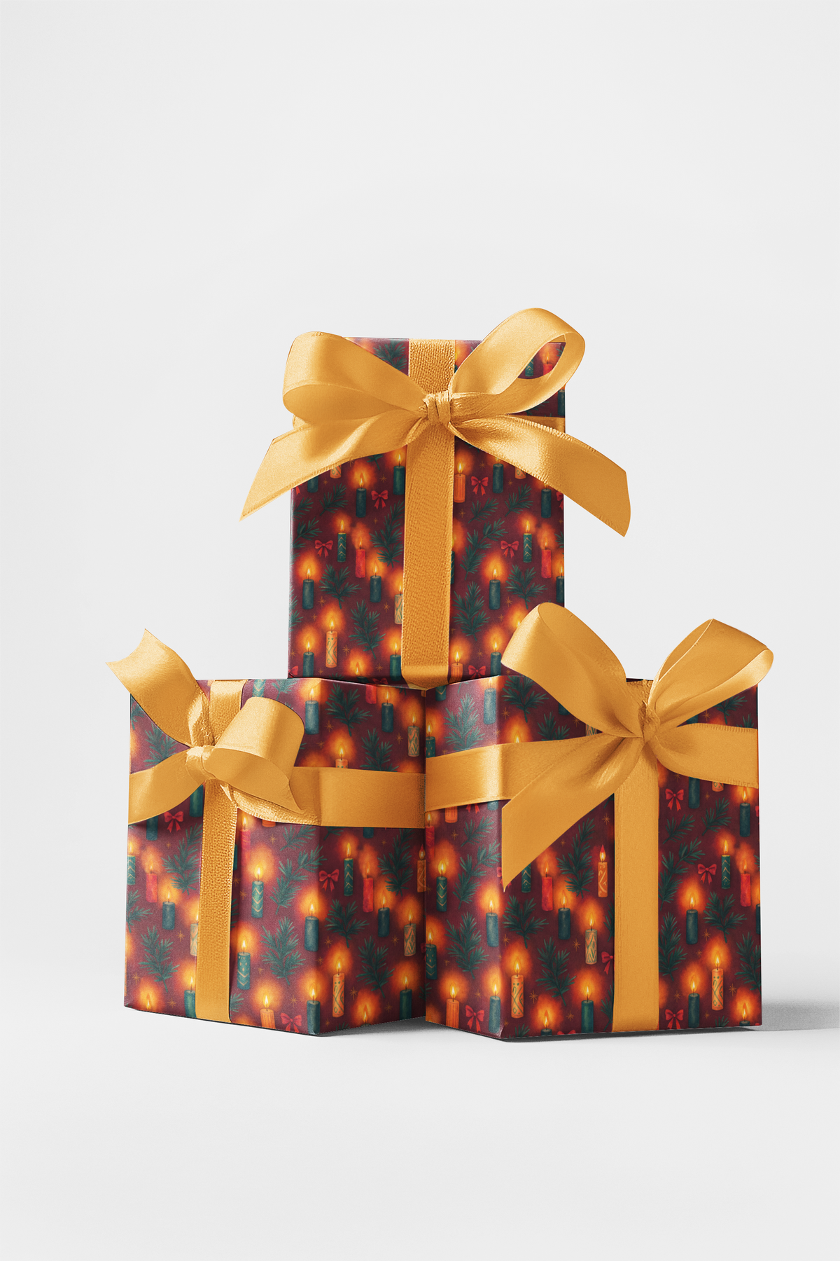 Red and Gold Holiday Gift Wrap, Candlelight Christmas Wrapping Paper, Festive Pine Candle Present Wrap, Winter Xmas Gift Wrap