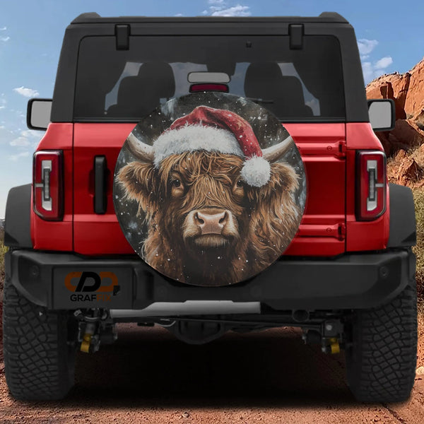 Santa Hat Winter Snow Tire Cover, Highland Cow Christmas Spare Tire Cover, Rustic Farmhouse Wheel Cover, Festive Jeep SUV Hol