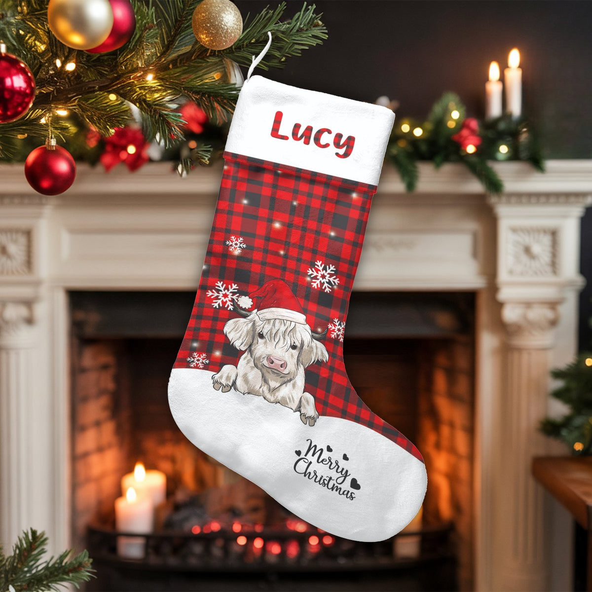 Red Buffalo Plaid Holiday Stocking, Personalized Highland Cow Christmas Stocking, Custom Name Xmas Stocking, Festive Family H