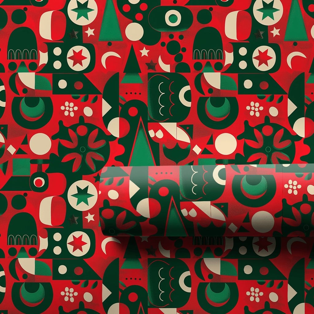 Modern Folk Art Gift Wrap, Geometric Christmas Wrapping Paper, Abstract Tree and Star Wrapping Paper, Red Scandinavian Xmas G