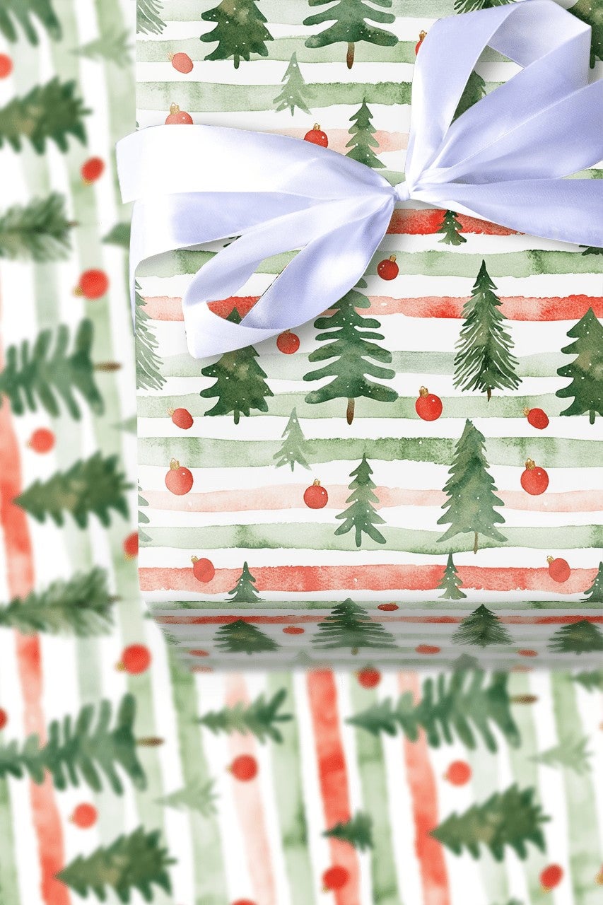 Striped Pine Tree Gift Wrap, Watercolor Christmas Tree Wrapping Paper, Red Green Holiday Wrapping Paper, Festive Winter Prese