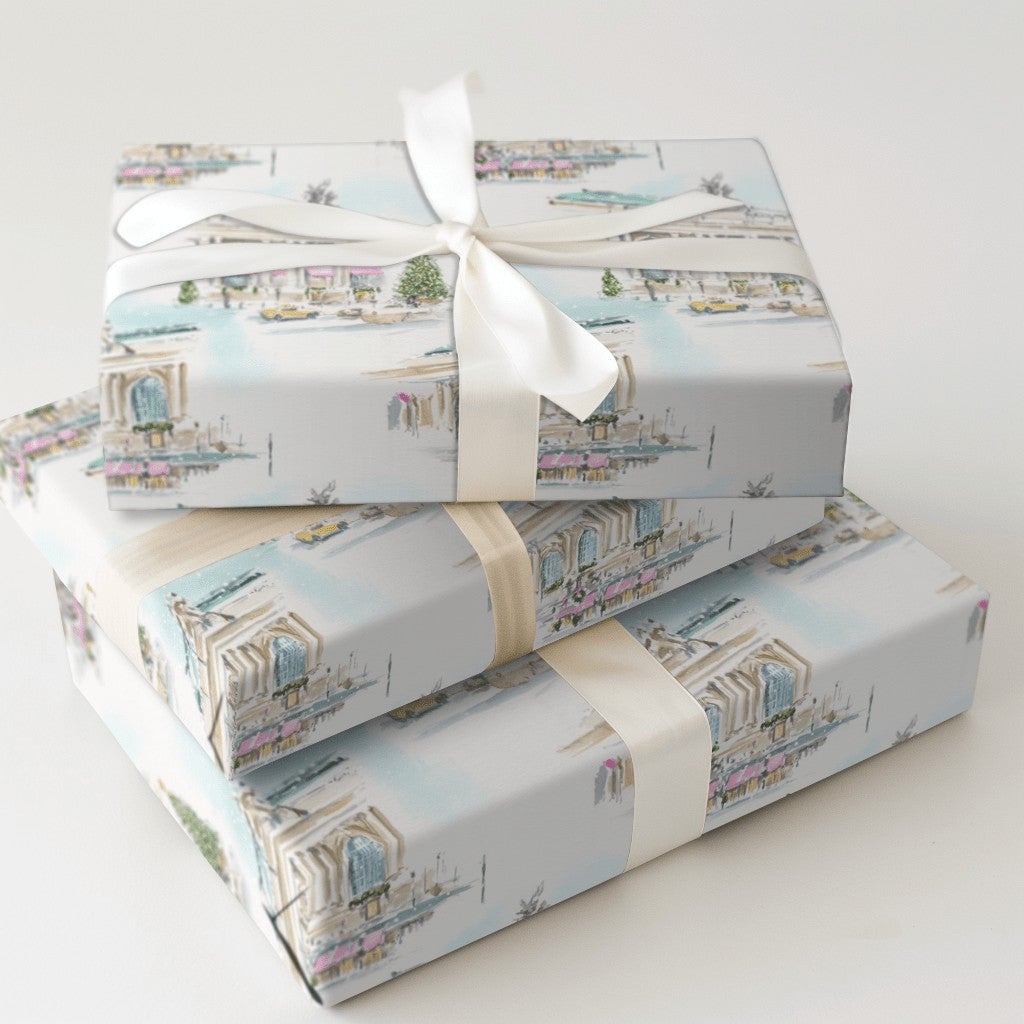 Watercolor New York Christmas Wrapping Paper, NYC Grand Central Gift Wrap, Snowy City Yellow Cab Gift Wrapping Paper, Holiday