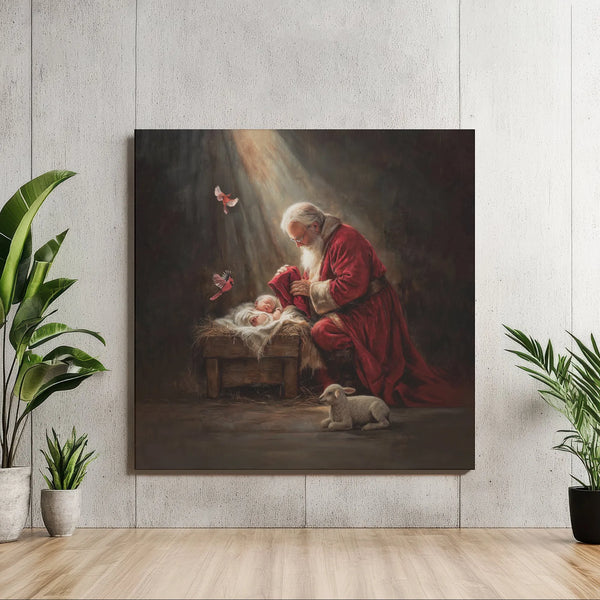 Baby Jesus Nativity Scene Oil Painting Print, Santa Kneeling at Manger Square Canvas Art, Christian Religious Christmas Canva