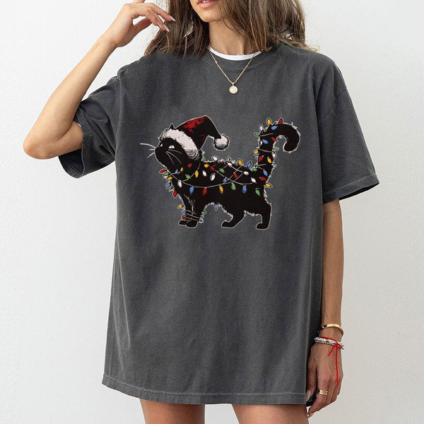 Humorous Holiday Kitten Graphic Tee, Black Cat Christmas Lights T-Shirt, Xmas Cat Lover Shirt, Adorable Christmas Pet Owner P