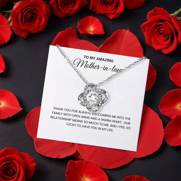 CZ Crystal Love Knot Pendant, Mother-in-Law Love Knot Necklace, Gold Finish Love Knot Jewelry, Christmas Present for Her, Bir
