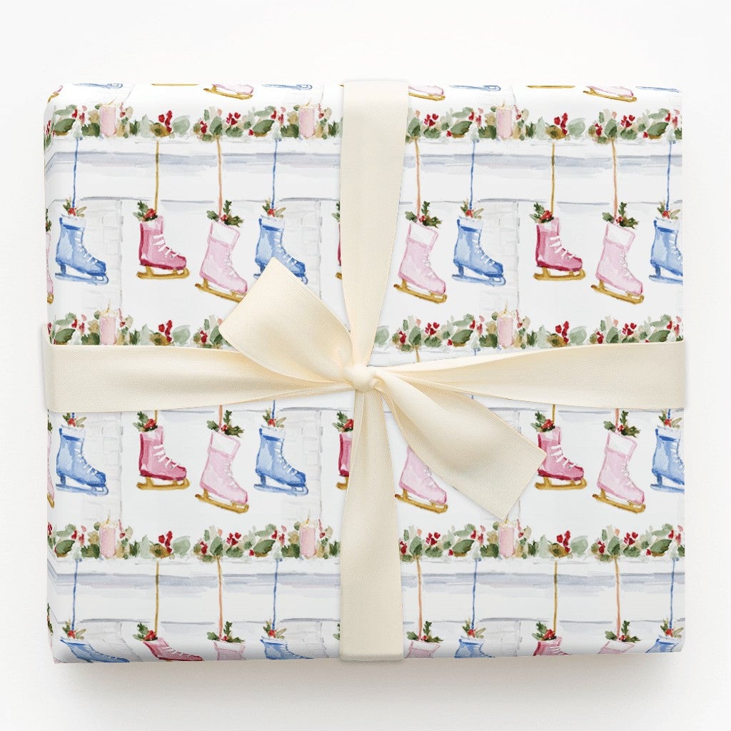 Fireplace Mantel Gift Wrap, Ice Skate Christmas Wrapping Paper, Watercolor Winter Skater Wrapping Paper, Holiday Gift Wrap Ro