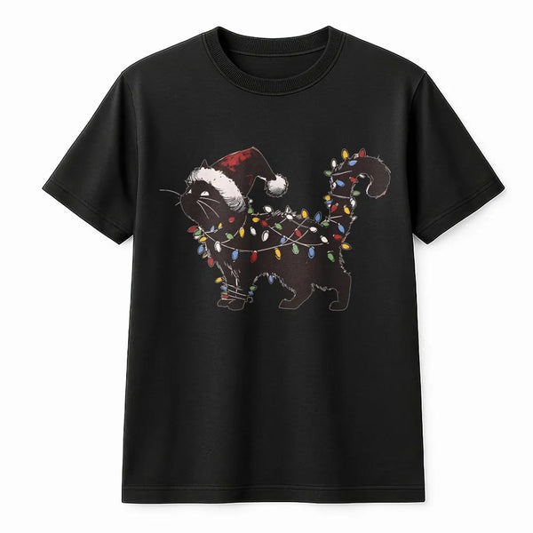 Humorous Cat Holiday Lights Shirt, Black Cat Christmas T-Shirt, Adorable Kitty Christmas Graphic Tee, Festive Cat Lover Shirt