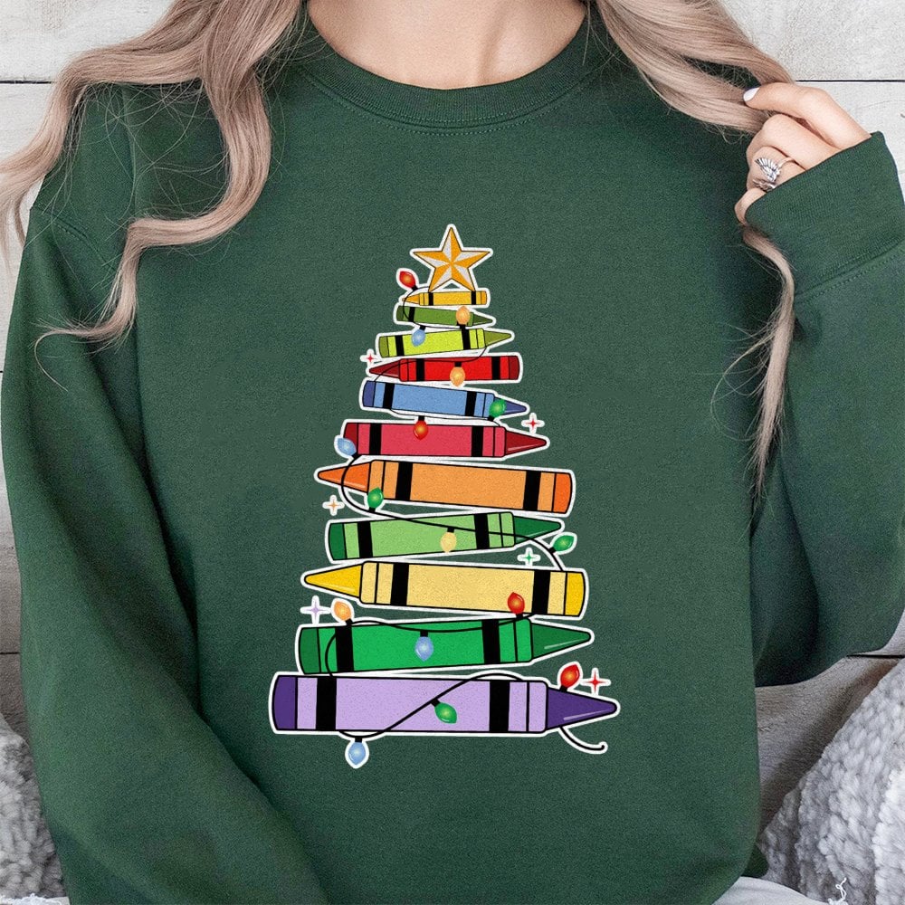 Crayon Tree Holiday Sweatshirt, Christmas Teacher Sweatshirt, Educator Winter Crewneck, School Teacher Xmas Pullover, Teacher