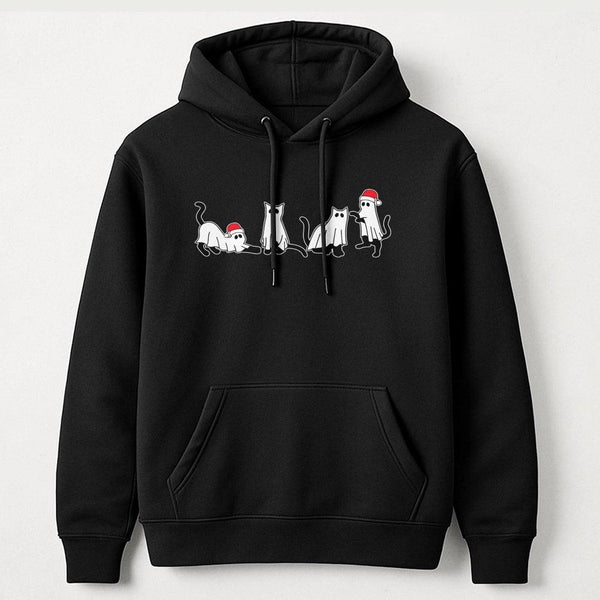 Spooky Santa Hat Kitten Hooded Sweatshirt, Christmas Ghost Cat Hoodie, Humorous Holiday Cat Lover Pullover Hoodie, Adorable W