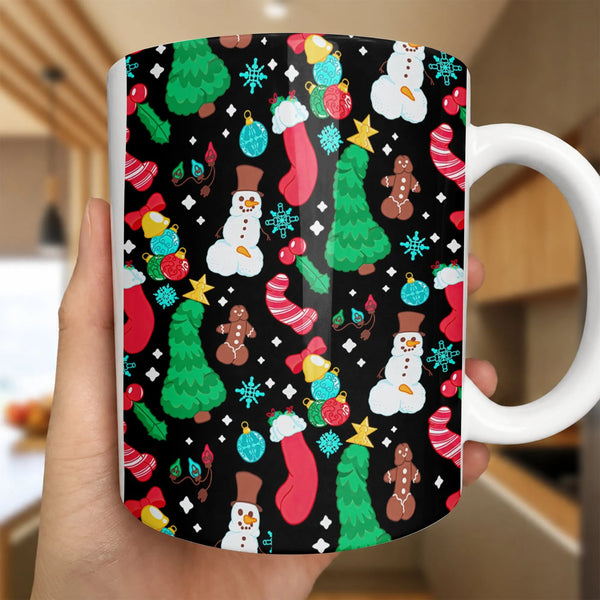 Humorous Phallic Holiday Pattern Coffee Mug, Adult Christmas Ceramic Mug, Dirty Santa Gag Cup, Hilarious White Elephant Excha