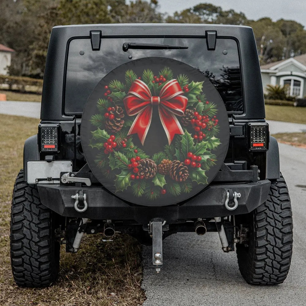 Festive Pinecone Red Bow Tire Cover, Christmas Wreath Spare Tire Cover, Waterproof Holiday Tire Cover, Xmas Jeep SUV Car Deco