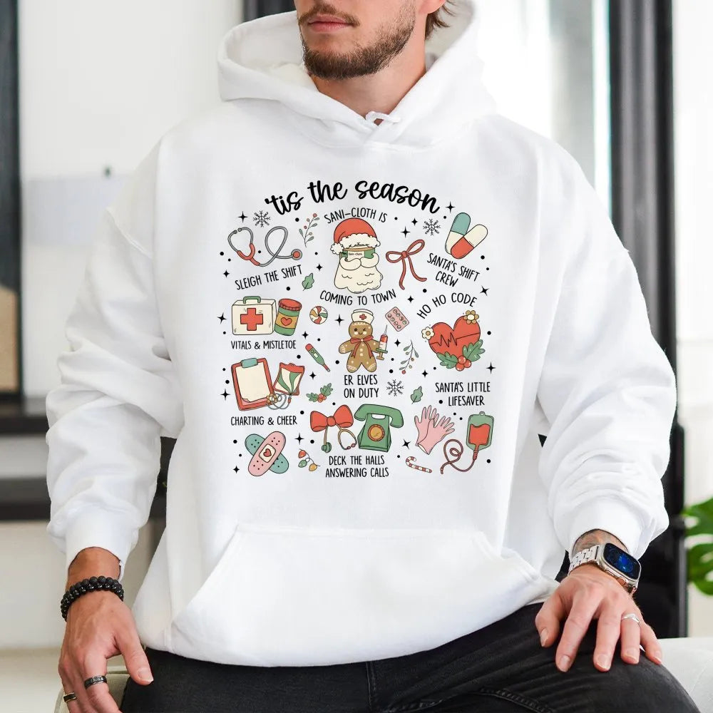 Adorable Holiday Medical Icons Hoodie, Nurse Christmas Hoodie, RN LPN CNA Winter Hoodie, Healthcare Worker Hooded Sweatshirt,