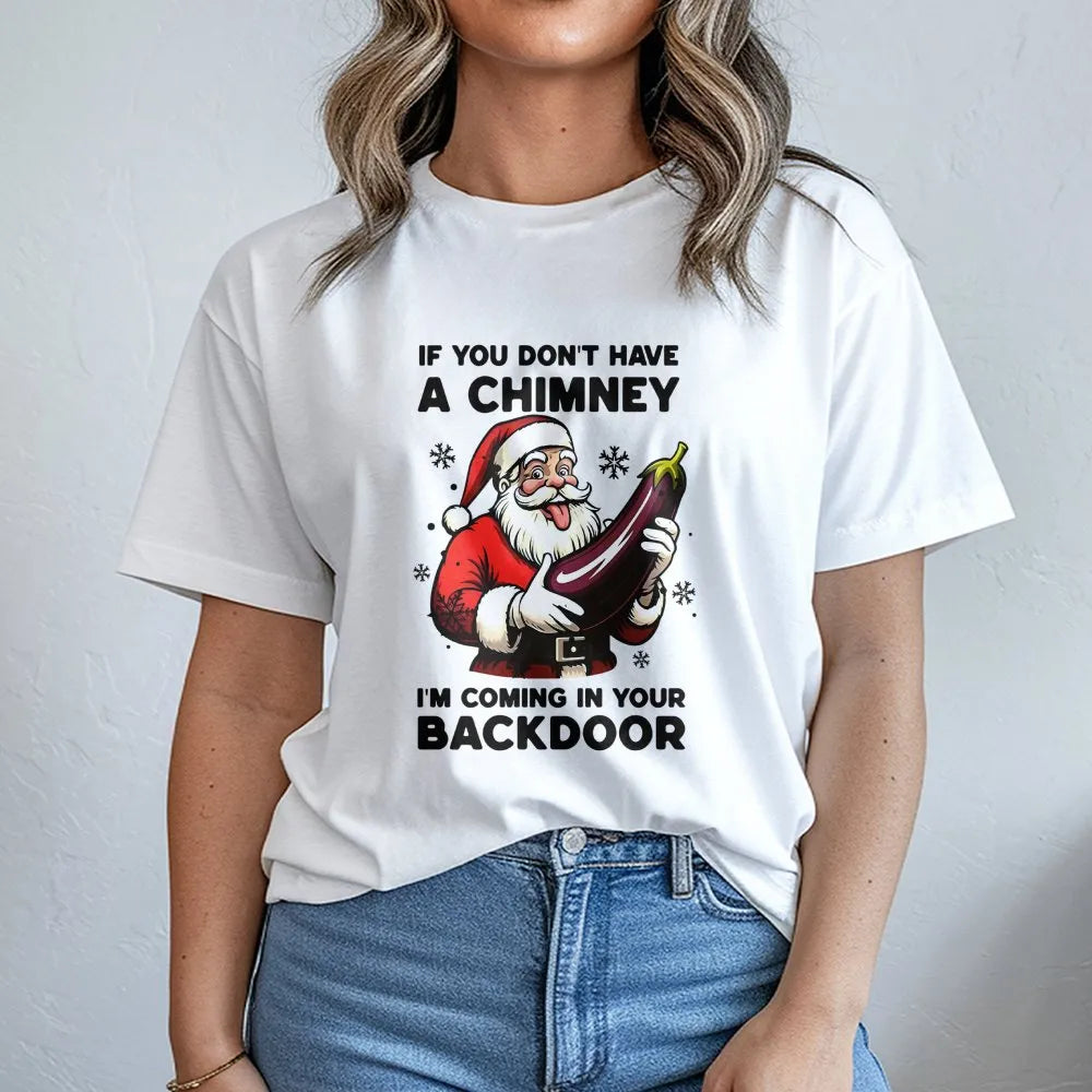 Dirty Christmas Adult Humor Graphic Tee, Humorous Naughty Santa Eggplant T-Shirt, Sarcastic Rude Xmas Shirt, Gag Present for 