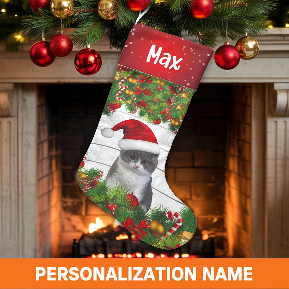 Custom Name Pet Stocking, Personalized Cat Christmas Stocking, Adorable Kitten Christmas Stocking, Pet Lover Fireplace Mantle