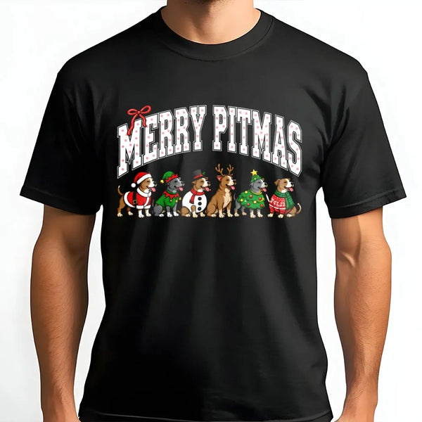 Humorous Pitbull Christmas T-Shirt, Merry Pitmas Shirt, Pit Bull Mom Graphic Tee, Dog Lover Holiday Shirt, Xmas Present for P
