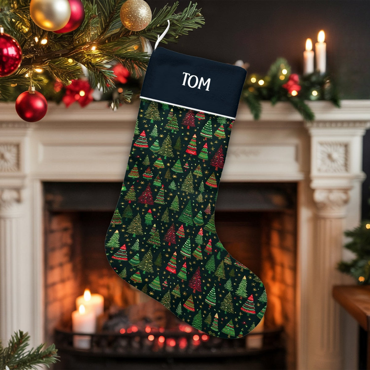 Custom Name Holiday Stocking, Personalized Christmas Tree Stocking, Festive Pattern Xmas Stocking, Comfy Winter Fireplace Man