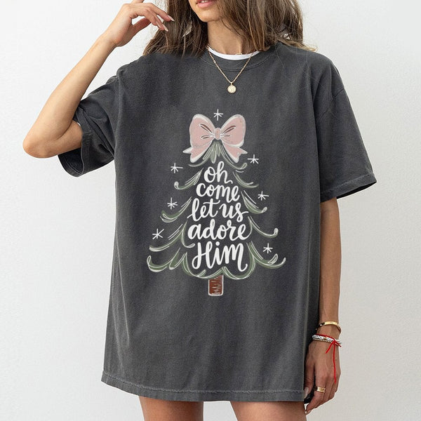 Coquette Bow Christmas Tree Tee, Oh Come Let Us Adore Him Shirt, Christian Holiday T-Shirt, Religious Xmas Graphic Tee, Faith