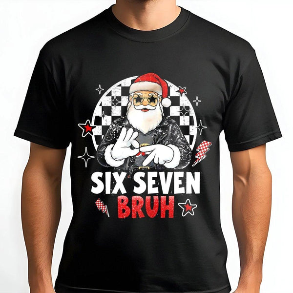 Humorous Rockstar Santa Holiday Tee, Six Seven Bruh Christmas T-Shirt, Viral Meme Graphic Shirt, Sarcastic Internet Humor Xma